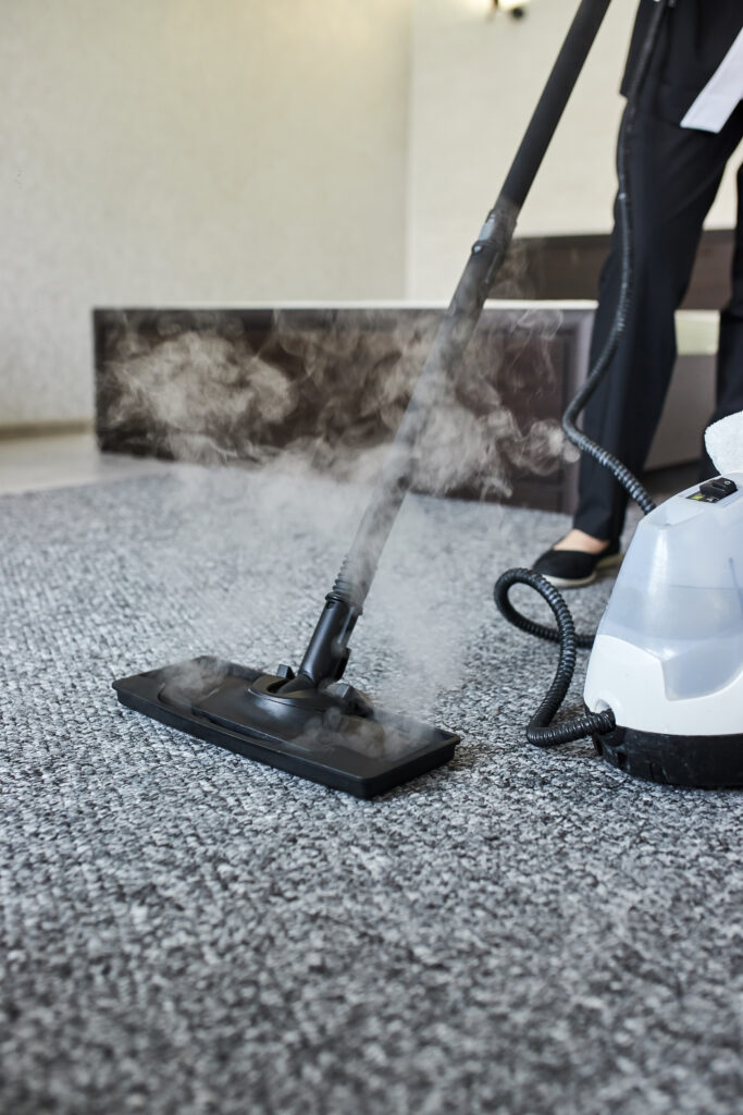 cleaning service company employee removing dirt from carpet flat with professional steam cleaner equipment close up scaled